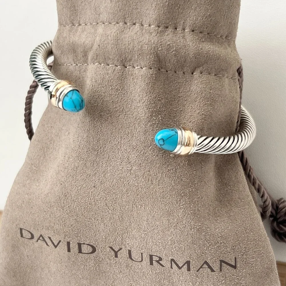 Sterling Silver with Gold 5mm Turquoise Cable Cuff Bangle Bracelet With 14K Gold - Picture 1 of 5